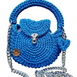 Blue Crochet Handbag with Silver Chain